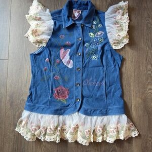 Denim Floral Embroidered Ruffled Vest